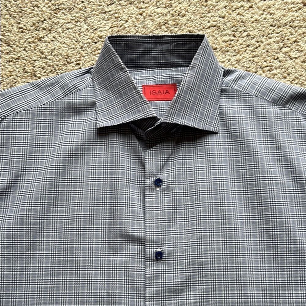 *Recent* Isaia Napoli Men’s Blue Plaid Spread Collar Cotton Dress Shirt 17